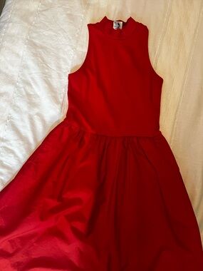 Red Sleeveless Mock-Neck Girls Dress with pockets